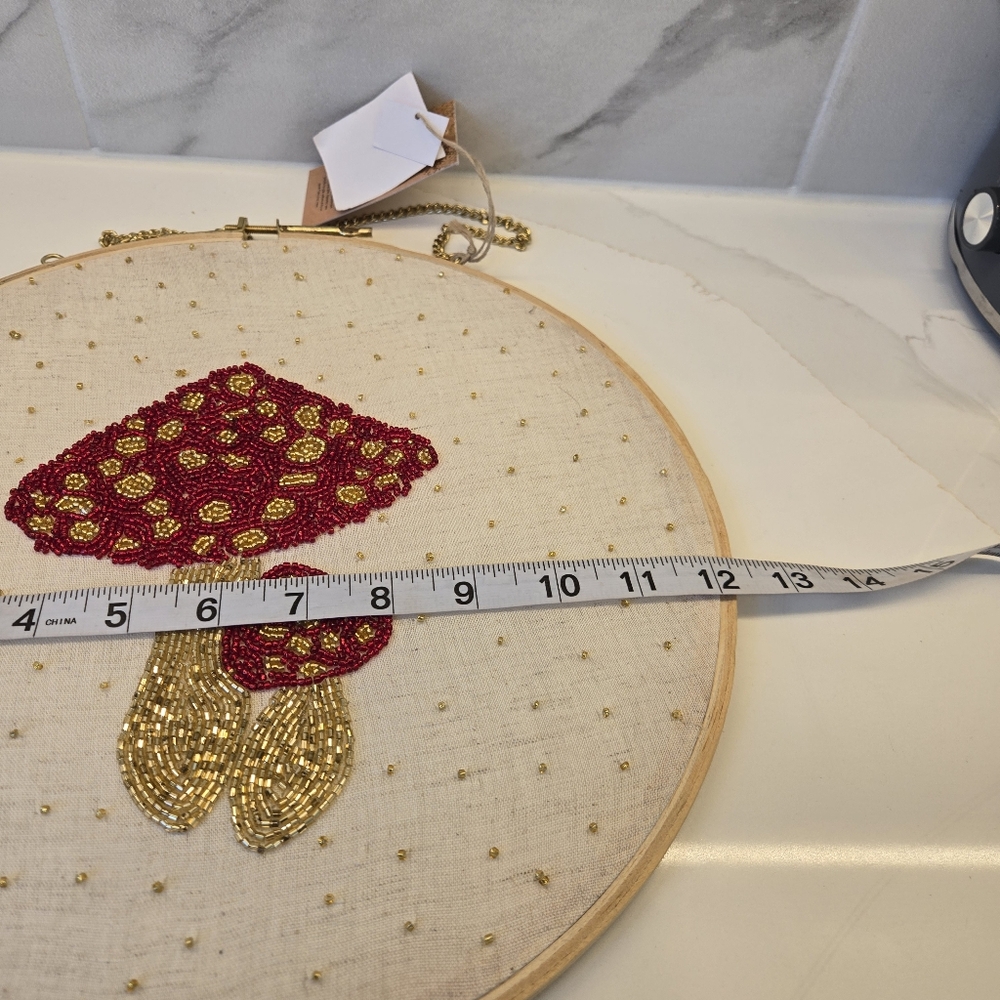 Hand Beaded Embroidery Red Mushrooms Hoop Wall Decor New with Tag - Picture 11 of 11